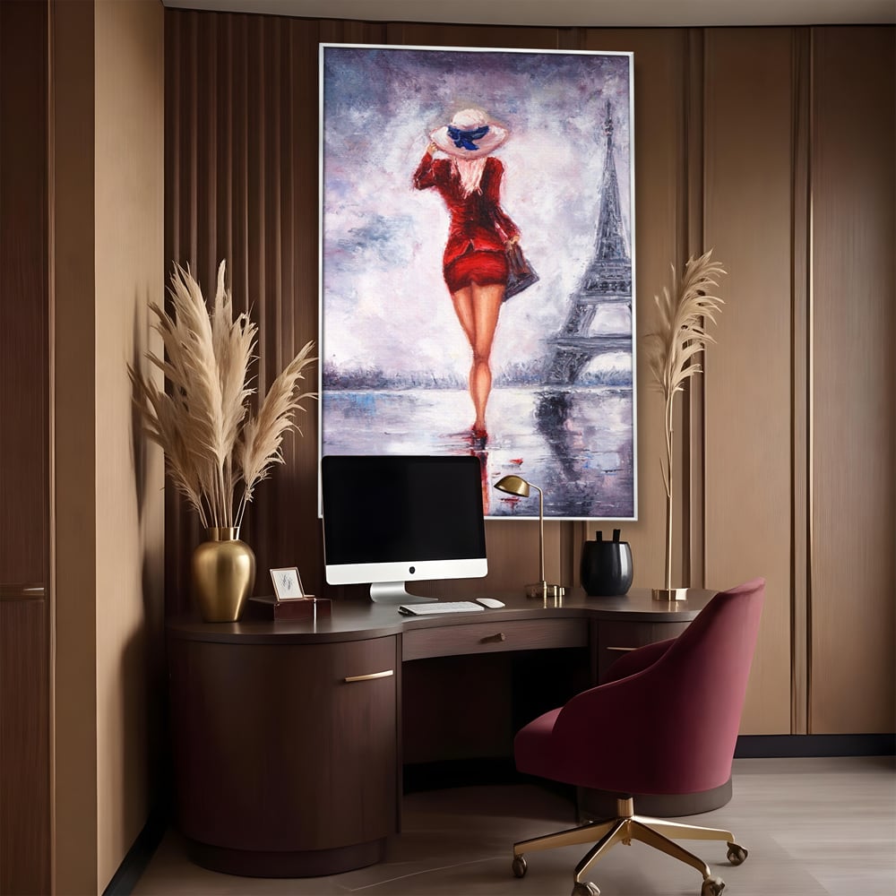 Tablou canvas cu pictura cu femeie in rochie rosie, in rama de aluminiu argintiu, pe perete intr-un birou